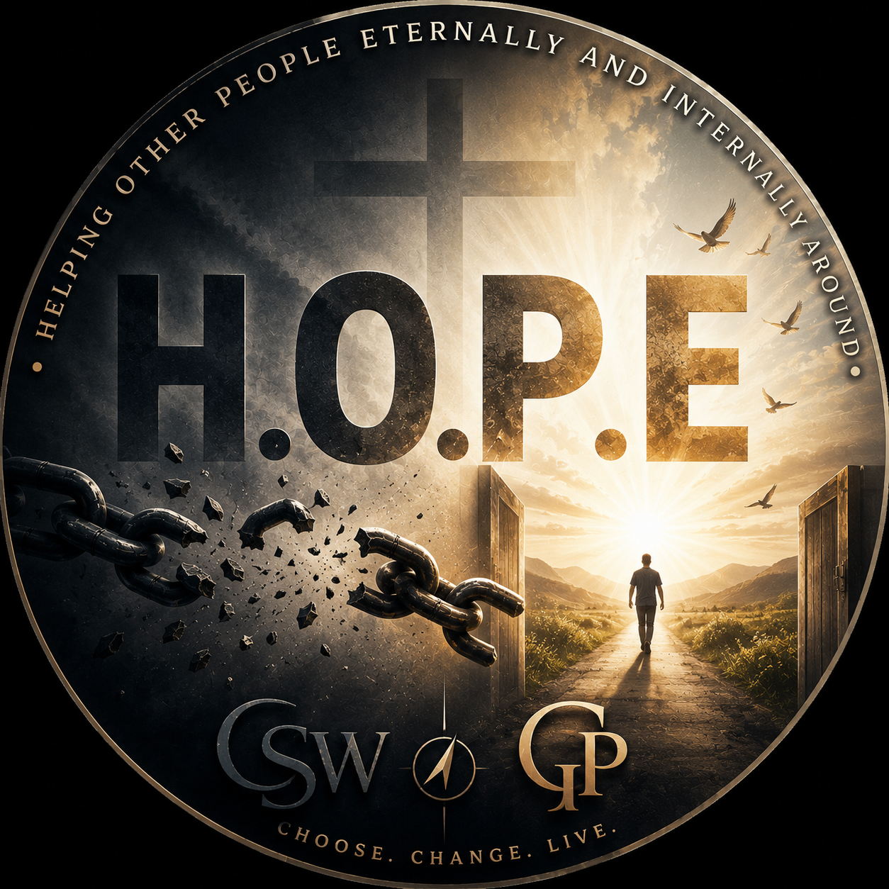 H.O.P.E logo — broken chains and an open door toward the light